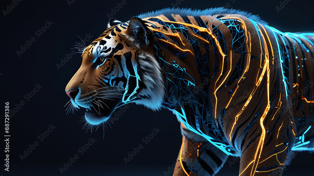 Futuristic Tiger Design: An artistic 3D rendering of a tiger, composed of a detailed wireframe pattern and illuminated by a vibrant blue glow, creating a mesmerizing and modern visual.