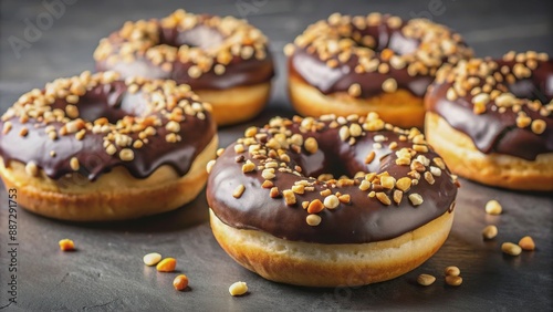 Delicious doughnuts topped with rich chocolate glaze and chopped hazelnuts, chocolate, chopped hazelnuts, doughnuts, tasty, preparation