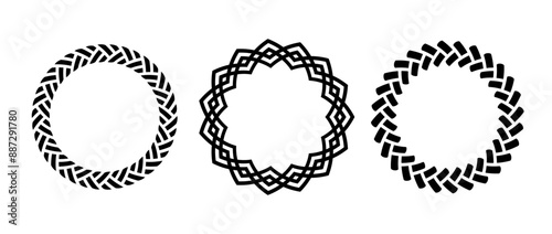 Retro knot circle frame set. Vintage celtic round border collection. Braid and rope ornament and motif pattern for banner, poster, frame, border. Black circular design elements bundle. Vector pack