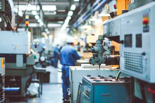 Industrial factory scene with workers in blue uniforms and advanced machinery, highlighting manufacturing and production processes.