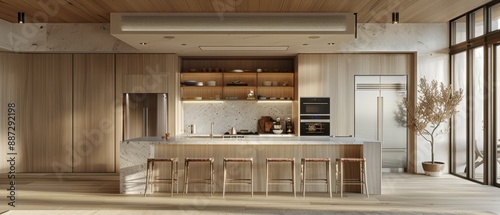 Modern kitchen interior with wooden cabinetry, marble countertops, and bar stools, featuring large windows and ample natural light.
