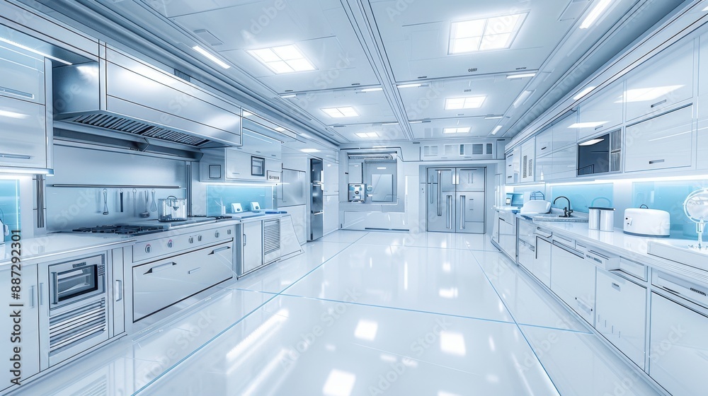 Modern, spacious kitchen with high-tech appliances and sleek design, featuring white cabinetry and a clean, futuristic look. Modern, spacious kitchen with high-tech appliances and sleek design, featuring white cabinetry and a clean, futuristic look.