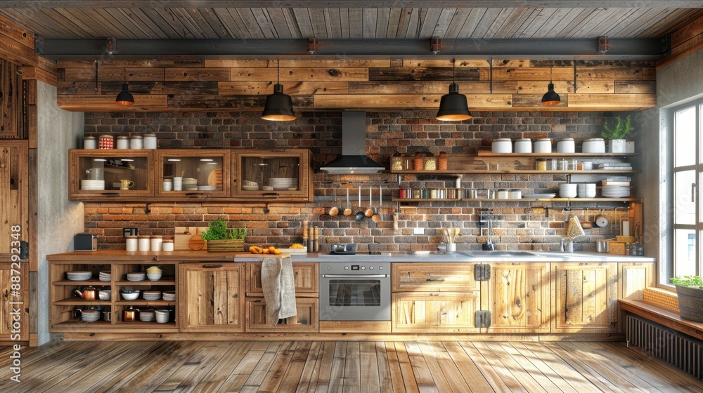 Rustic kitchen with wooden cabinetry, exposed brick wall, and stainless steel appliances, bathed in natural light from a large window. Rustic kitchen with wooden cabinetry, exposed brick wall, and stainless steel appliances, bathed in natural light from a large window.