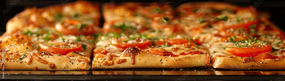 Close-up of fresh homemade pizza slices in oven, topped with tomatoes, cheese, and herbs, capturing the delicious and crispy texture. Close-up of fresh homemade pizza slices in oven, topped with tomatoes, cheese, and herbs, capturing the delicious and crispy texture.