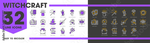 Witchcraft and magic line icons. Esoteric, astrology and mystery vector symbols. Outline tarot cards, witch potion cauldron, broom and hat, magic book, wand, crystals and alchemy elixir isolated signs