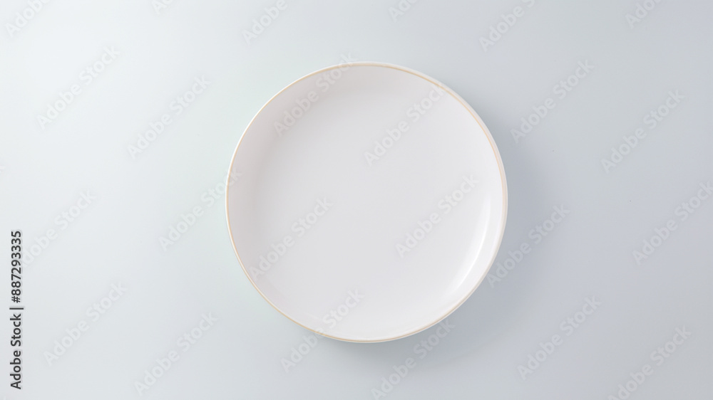 Empty white plate with white background, minimalistic design and clean space Empty white plate with white background, minimalistic design and clean space