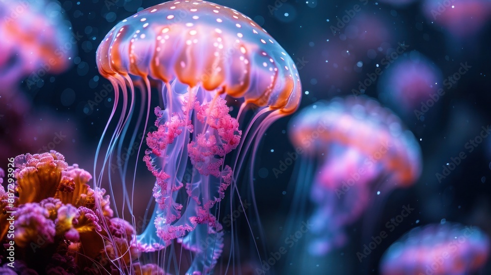 Obraz premium Mesmerizing Glowing Jellyfish in Captivating Aquarium Background