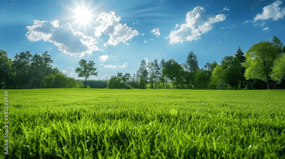 Wide Angle View of a Beautiful Spring Green Grass Field with Trees and Blue Sky with Clouds on a Sunny Day Wide Angle View of a Beautiful Spring Green Grass Field with Trees and Blue Sky with Clouds on a Sunny Day