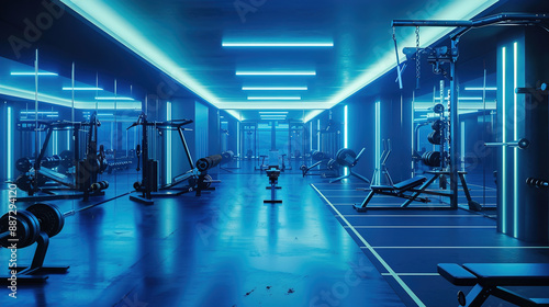 Modern gym interior with blue white neon lighting, various metal equipment and barbells, empty area for photoshoot