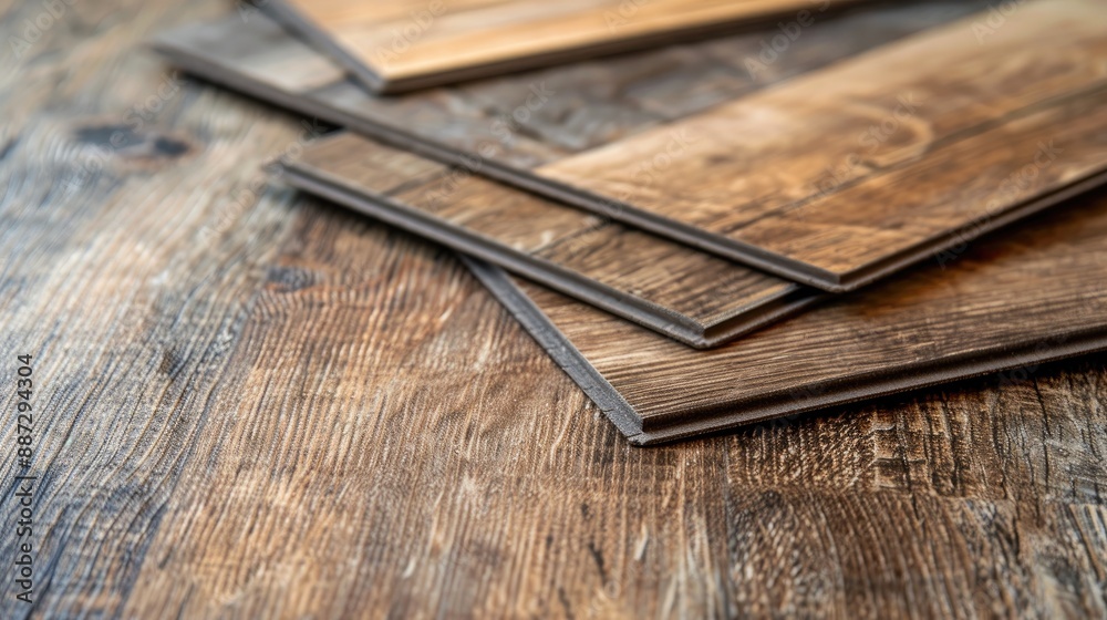 Close up of vinyl wood pattern product sample on brown vinyl floor with space for renovation text concept Close up of vinyl wood pattern product sample on brown vinyl floor with space for renovation text concept