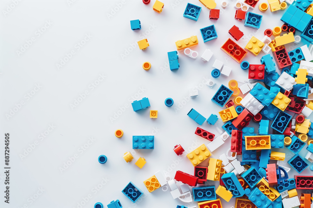 White backdrop with white area in the middle of the image. A mound of vibrant blocks strewn around. bricks in a variety of sizes and shapes to demonstrate diversity White backdrop with white area in the middle of the image. A mound of vibrant blocks strewn around. bricks in a variety of sizes and shapes to demonstrate diversity