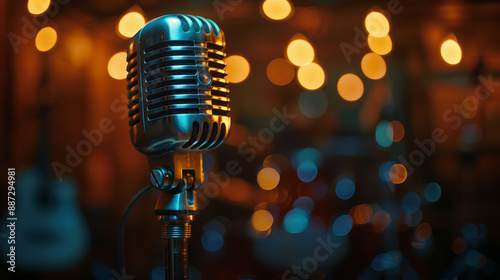 Vintage microphone on stage blurred background with bokeh lights, copy space for text. retro style concept of old school singing competition or karaoke night event banner. Podcaster vintage time