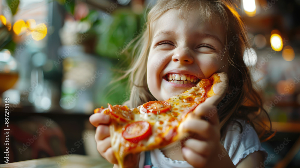 A little white girl holds a piece of pizza in her hands and laughs. Pizza day. Italian cuisine. The idea of happiness and enjoyment A little white girl holds a piece of pizza in her hands and laughs. Pizza day. Italian cuisine. The idea of happiness and enjoyment