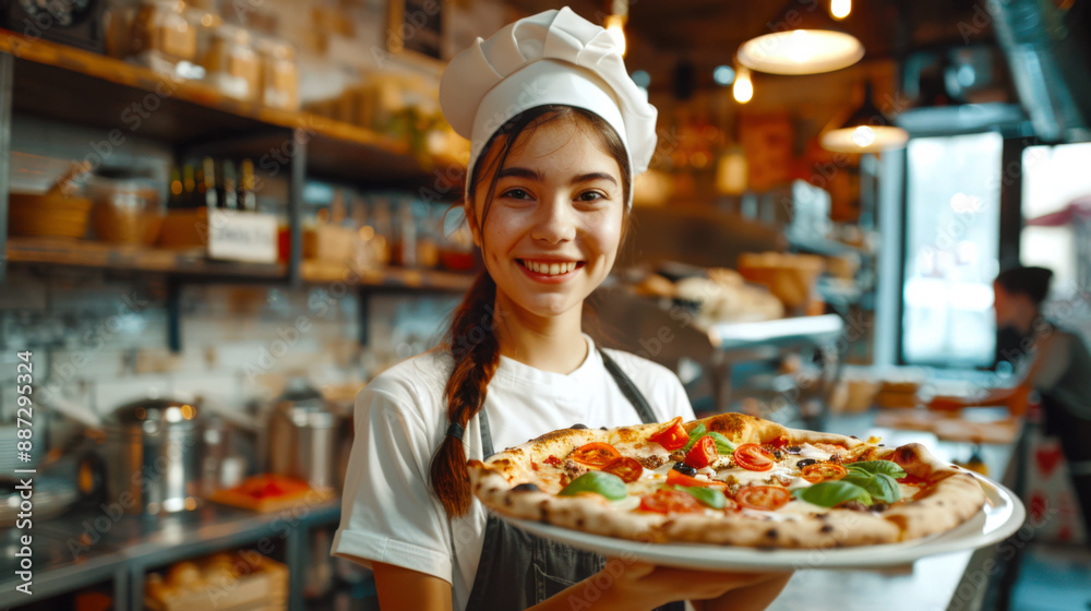 Fototapeta premium A young female chef in an apron and a chef's hat holds a plate with a large hot pizza with tomatoes and basil leaves. Italian cuisine. 
