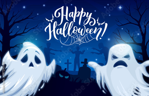 Scary Halloween ghosts on cemetery. Halloween season party, October horror holiday celebration vector background with creepy ghosts or spirits, zombies characters and dry trees on night cemetery