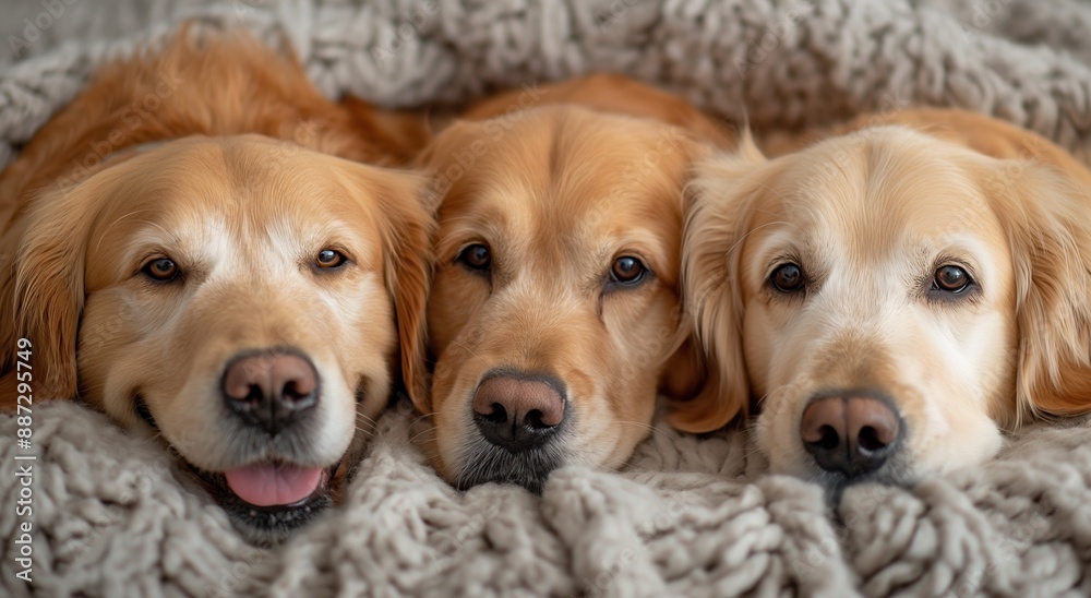 Close-up of three golden retrievers lying down Close-up of three golden retrievers lying down