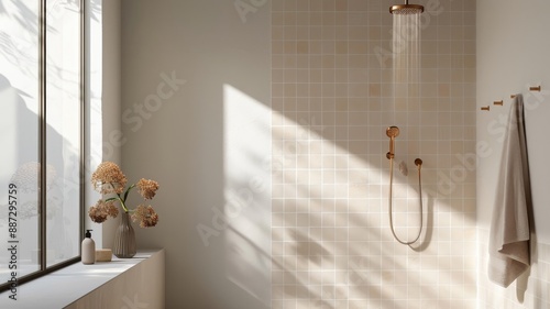 A warm orange shower corner with terracotta tiles and a copper rainfall showerhead. © cloud7days