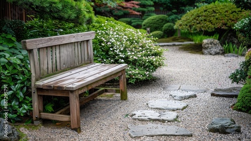 Wallpaper Mural A weathered wooden bench in a tranquil Japanese garden. Torontodigital.ca