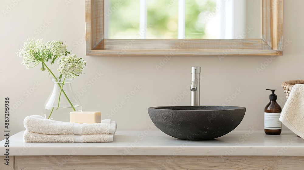 Fototapeta premium A dramatic black stone sink with a matte finish.