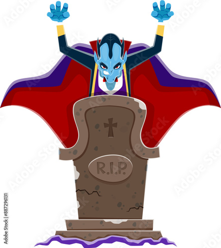 Cartoon Halloween scary Dracula character near tombstone. vector menacing vampire, with blood-red eyes and sharp fangs, stands behind the old cracked grave , casting an eerie and frightening presence