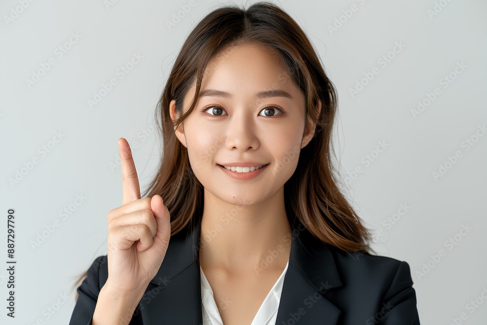 A woman in a business suit holding up a peace sign A woman in a business suit holding up a peace sign