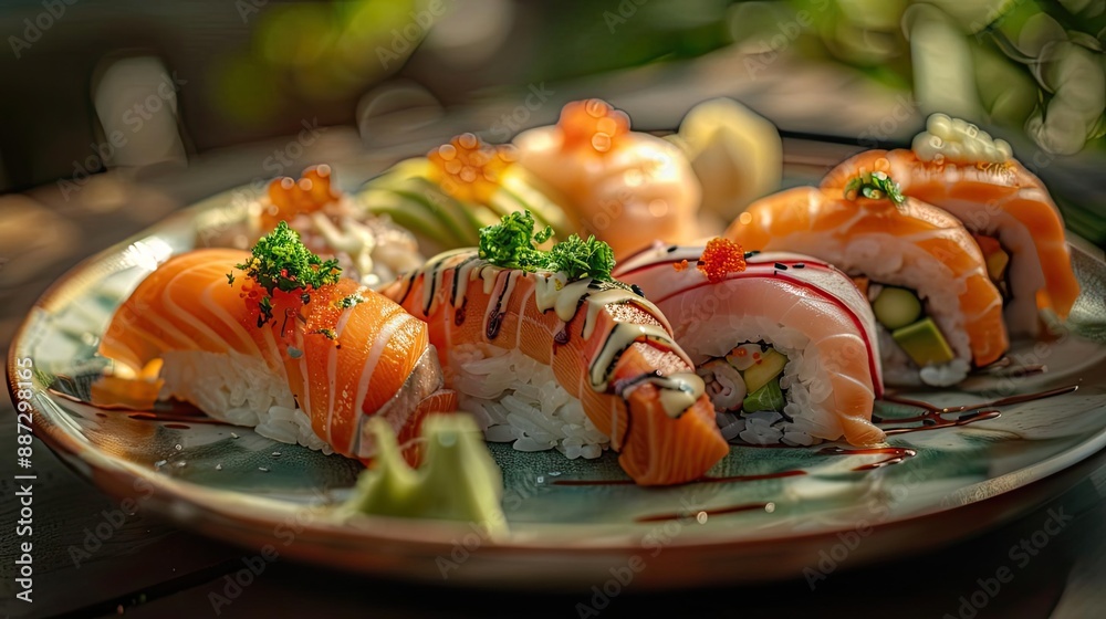A beautifully arranged sushi platter featuring colorful and fresh assorted sushi rolls, garnished with herbs and presented elegantly. A beautifully arranged sushi platter featuring colorful and fresh assorted sushi rolls, garnished with herbs and presented elegantly.