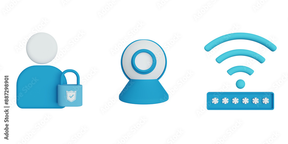 User Security, Webcam, Wifi Password, security 3d icon illustration pack, transparent background User Security, Webcam, Wifi Password, security 3d icon illustration pack, transparent background