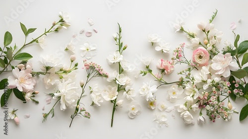 Flat lay of fresh flowers on white background. 