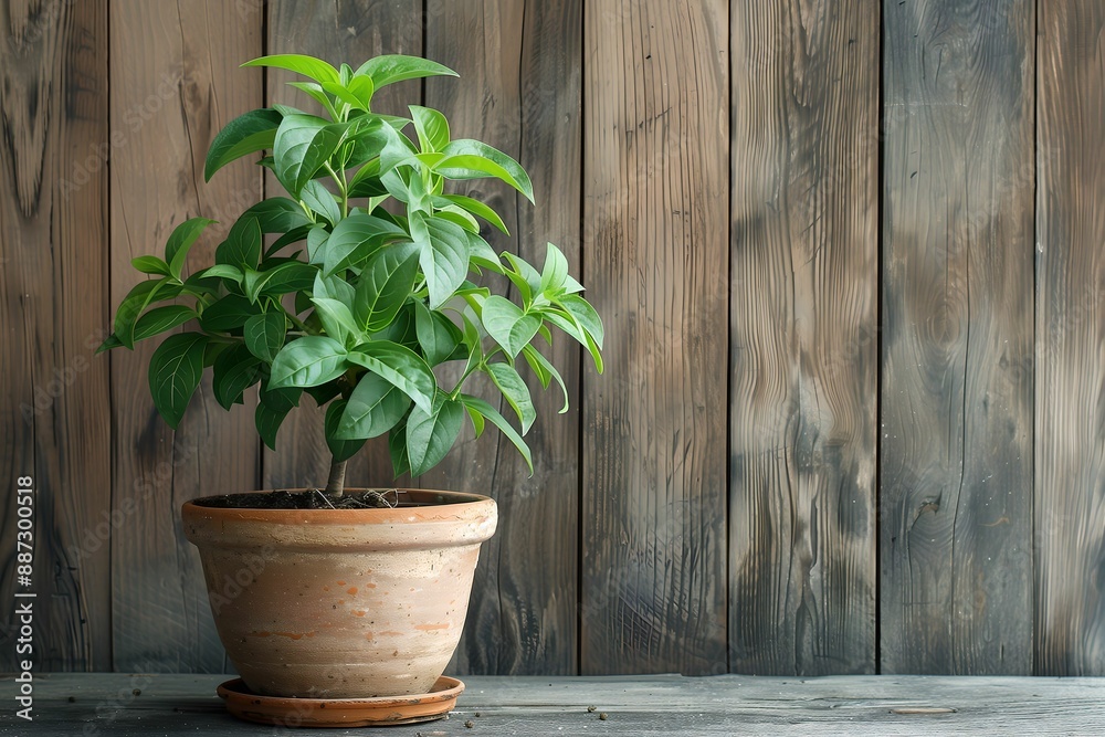 A potted lemon verbena tree on wooden wall background A potted lemon verbena tree on wooden wall background