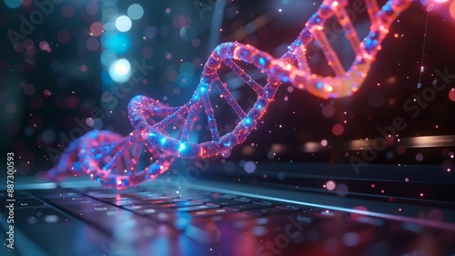 Wi-Fi connection on a laptop computer, holographic colorful DNA in a dark hallway background