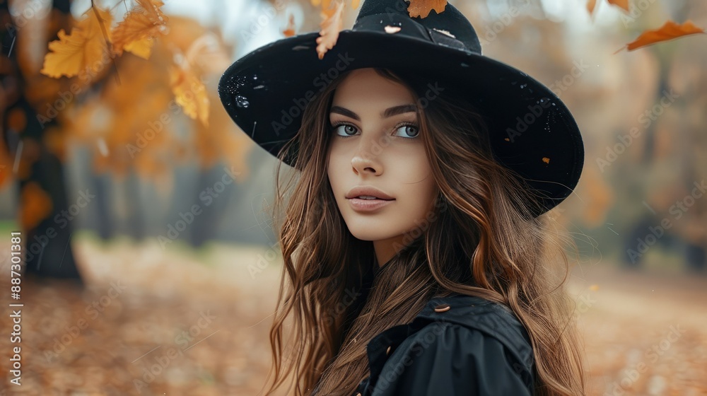 Beautiful Woman Wearing Black Hat in Autumn Forest with Fall Leaves Beautiful Woman Wearing Black Hat in Autumn Forest with Fall Leaves