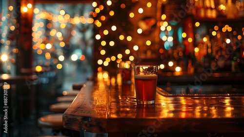 A vibrant pub scene showcasing a wooden bar with a glass of beer, surrounded by warm golden bokeh lights, creating a lively and inviting atmosphere for socializing.