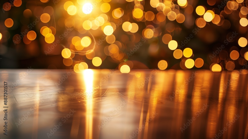 An enchanting scene with a reflective surface and radiant golden bokeh lights in the background, creating a warm and festive atmosphere. An enchanting scene with a reflective surface and radiant golden bokeh lights in the background, creating a warm and festive atmosphere.