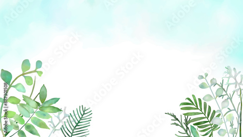 優しい水彩の葉っぱと青空のフレーム　ベクターイラスト　16:9 バナー　テンプレート　テキスト無し