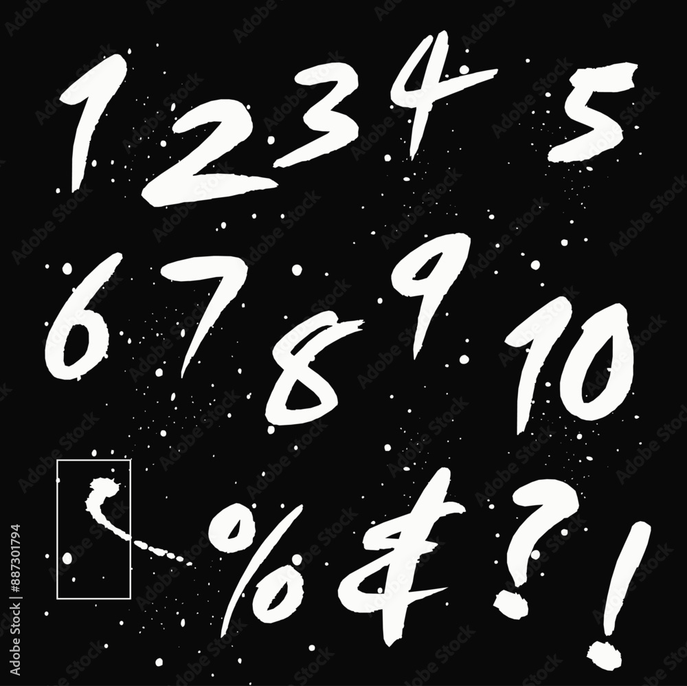 Fototapeta premium Hand written calligraphy alphabet black ink brush lettering, Vector hand drawn number collection, grunge font style with ink splashes. numbers and punctuation marks, grunge font style with ink splashe