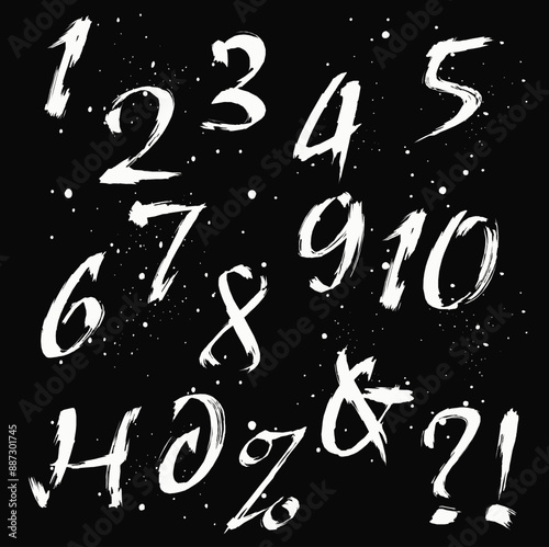 Hand written calligraphy alphabet black ink brush lettering, Vector hand drawn number collection, grunge font style with ink splashes. numbers and punctuation marks, grunge font style with ink splashe