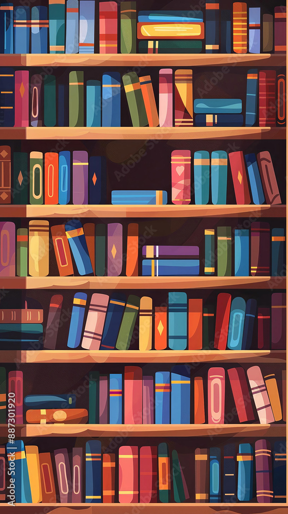 Aesthetic vector illustration of a bookshelf filled with colorful books. The shelves are packed with books of various sizes and colors, enhancing the lively and vibrant atmosphere. This artwork is Aesthetic vector illustration of a bookshelf filled with colorful books. The shelves are packed with books of various sizes and colors, enhancing the lively and vibrant atmosphere. This artwork is