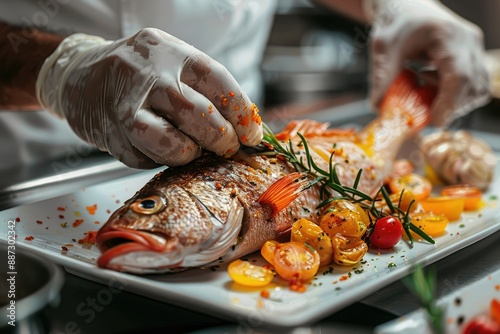 Chef Garnishing Baked Fish with Fresh Herbs and Cherry Tomatoes in Gourmet Kitchen photo