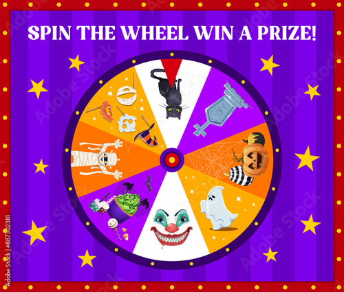 Halloween holiday spin, fortune wheel roulette. Fortune gamble circle spin, Halloween lottery prize vector roulette with scary clown, mummy and witch cat characters, masks, gravestone and treats