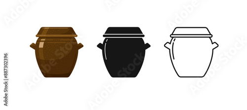 Korean earthenware pots with lids, clay onggi for traditional food, kimchi and sause storage. Icons of antique onggi, ceramic utensil from Korea, vector set