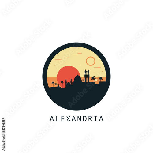 Alexandria skyline, downtown panorama logo, logotype. Egypt city round badge contour, isolated vector vintage pictogram with monuments, landmarks