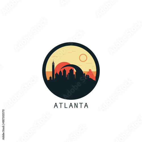 Atlanta skyline, downtown panorama logo, logotype. USA, Georgia state round badge contour, isolated vector vintage pictogram with monuments, landmarks