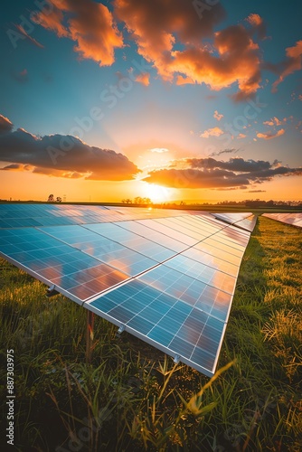 A large solar farm is seen in a rural setting