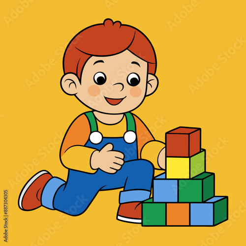 Cute Kid Play In Blocks Vector Art Illustration