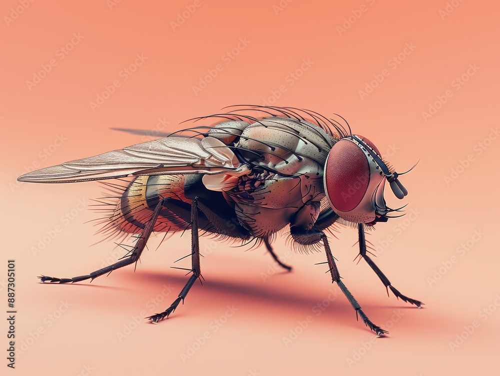 Housefly rising on a solid peach background ar   100 fly, insect, macro, nature, bug, animal, closeup, housefly, wing, close-up, pest, green, isolated, hairy, leaf, wildlife, eyes, detail, small, clos