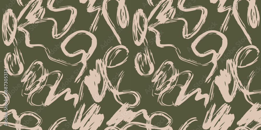 Fototapeta premium Exotic camouflage seamless pattern with hand drawn brush strokes. Gouache painting background with scribble stripes