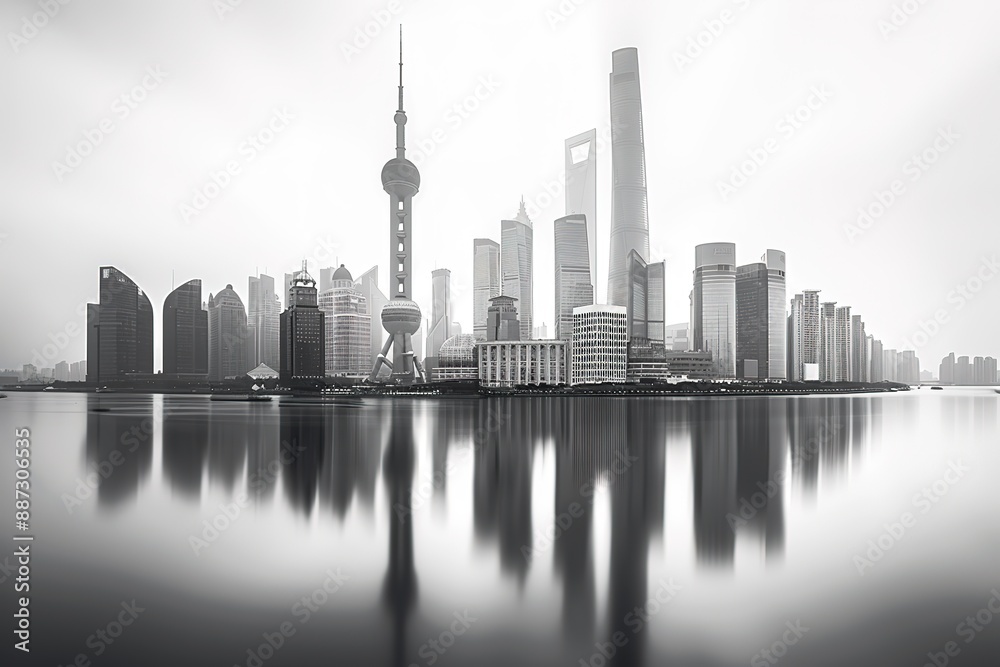 Fototapeta premium A city skyline with a large building in the middle