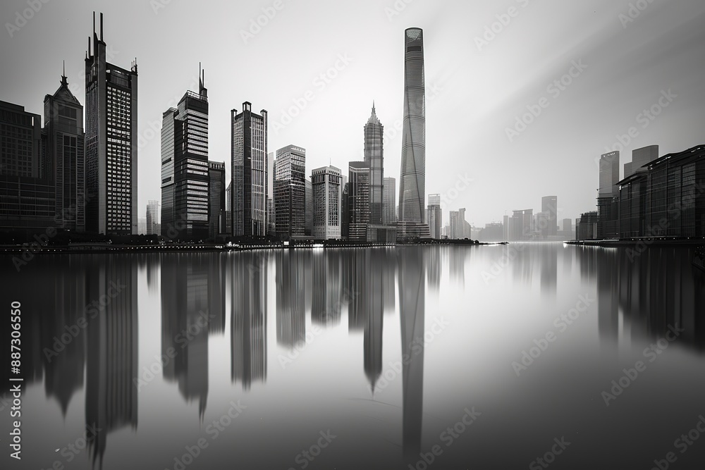 Fototapeta premium A city skyline is reflected in the water