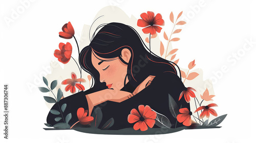 Sad woman at a memorial vector white background 107 woman, vector, illustration, fashion, beauty, art, silhouette, face, people, flower, music, hair, floral, design, flowers, party, lady, model, drawi photo