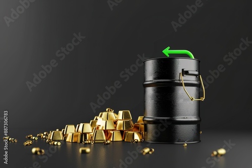 A black barrel with gold coins inside and a green arrow pointing to the right photo